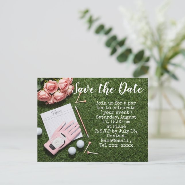 Postal Golf save the date PARA GOLFISTA MUJER (Anverso de pie)