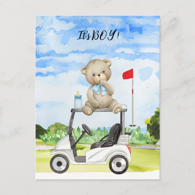 Postal Golf Teddy Bear es un chico para Baby Shower Invit (Anverso)