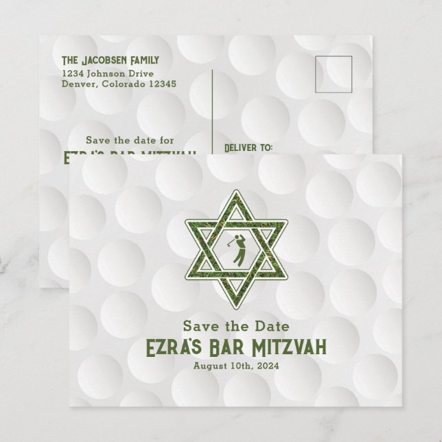 Postal Golf Theme Golf Bar Mitzvah Save the Date (Anverso / Reverso)