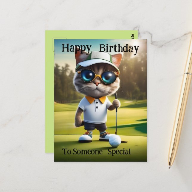 Postal Golf Time: Gato Divertido Jugador de Golf, Cumplea (Anverso/Reverso In Situ)