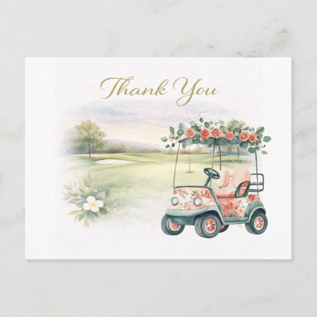 Postal GOLF WEDDING thank you card with golf cart  (Anverso)