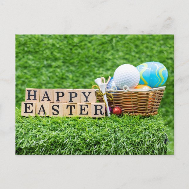 Postal Golfer Happy Easter con huevos y pelota de golf (Anverso)