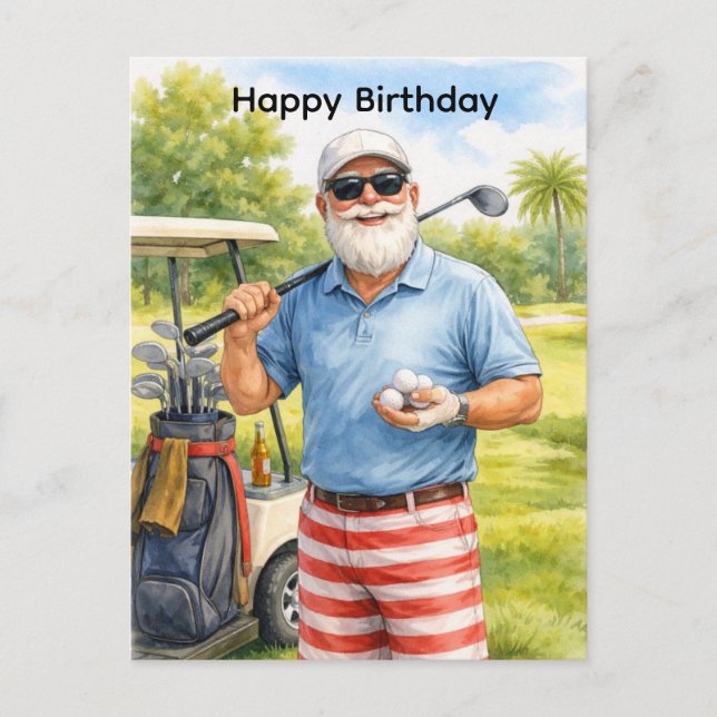 Postal Golfer holding golf ball with text Happy Birthday  (Anverso)