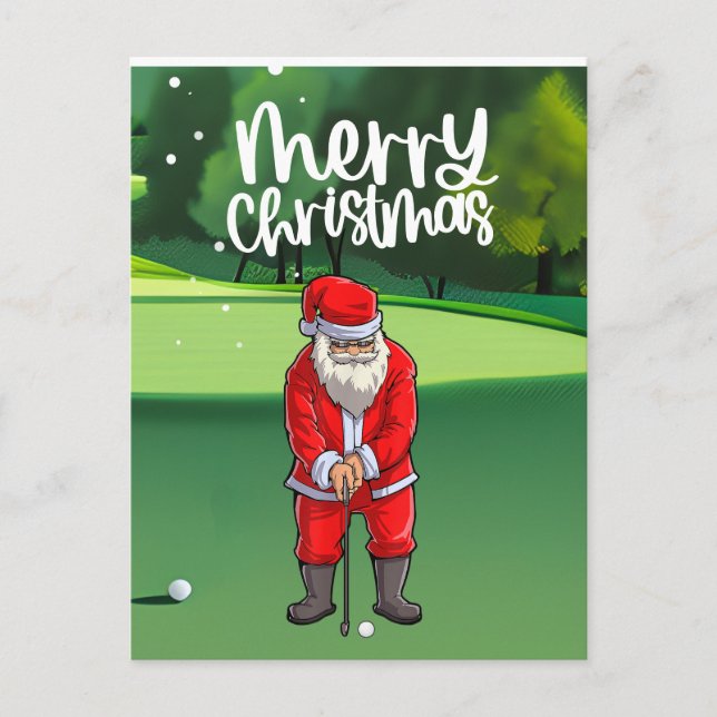Postal Golfer Santa Claus jugando al golf en verde sobre  (Anverso)