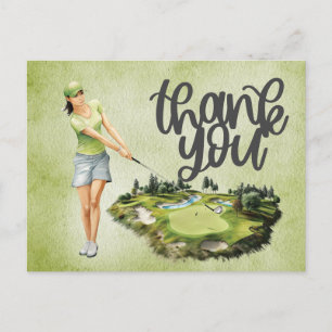 Postal Golfer Woman en el campo de golf acuarela