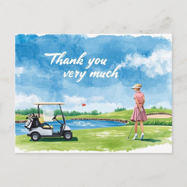 Postal Golfista de golf con carro en verde (Anverso)