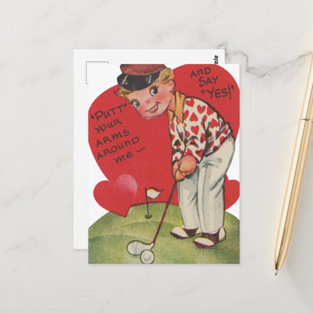 Postal Golfista mono de San Valentín vintage retro lindo (Anverso/Reverso In Situ)