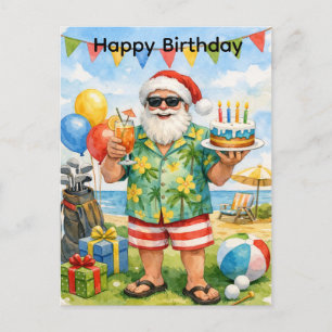 Postal Golfista sombrero de Santa sostiene pastel de cump