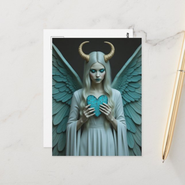 Postal Good and Evil holding a turquoise heart  (Anverso/Reverso In Situ)