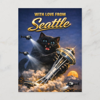Postal Gordo Gato Negro Amor Desde Seattle Space Needle