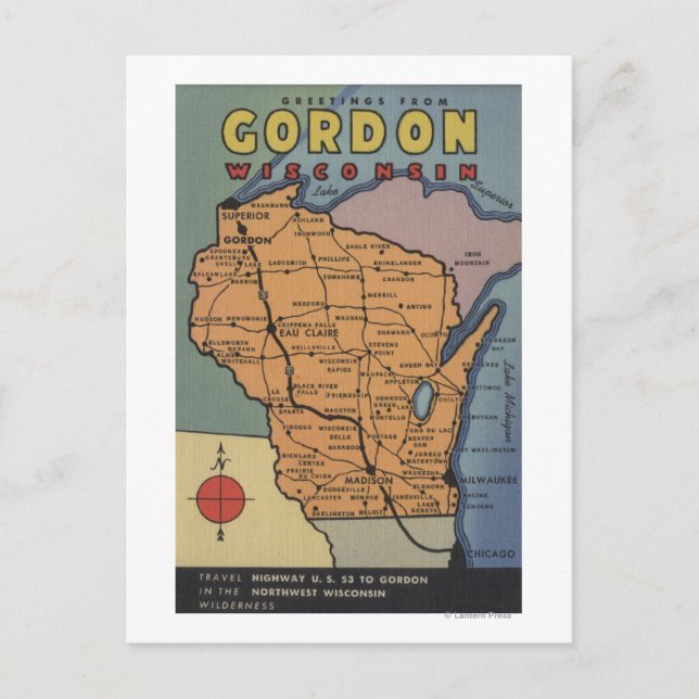 Postal Gordon, Wisconsin - Escenas de letras grandes (Anverso)