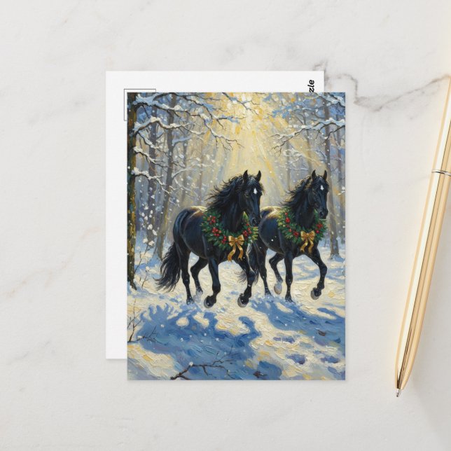 Postal Gorgeous Black Horses Wreaths in Winter Woods (Anverso/Reverso In Situ)