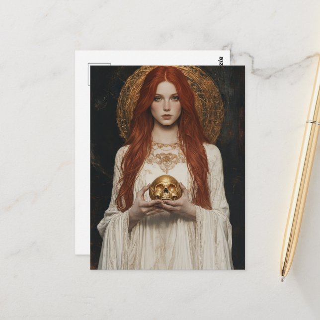 Postal Gorgeous Red haired Woman With a Golden Skull (Anverso/Reverso In Situ)