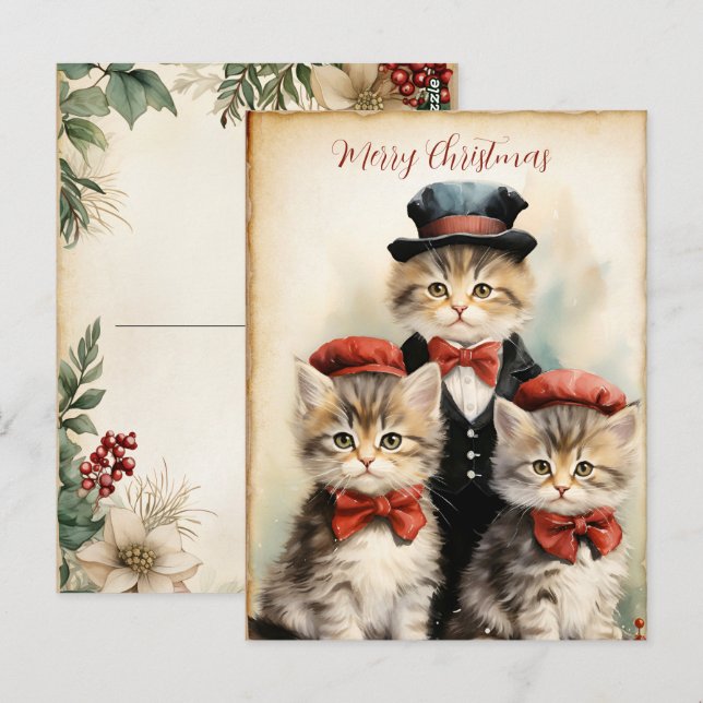 Postal Gorgeous Three Kitten Family Christmas  (Anverso / Reverso)