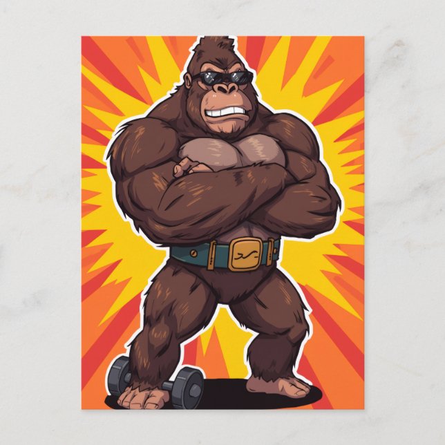 Postal Gorilla Bodybuilder Weight Lifter Pop Art Cartoon (Anverso)