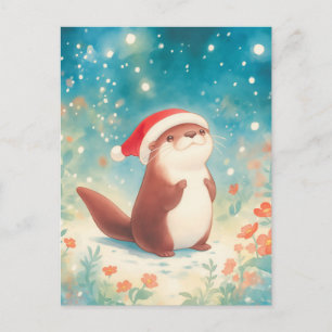 Postal Gorrito de Santa de nutria en acuarela festiva
