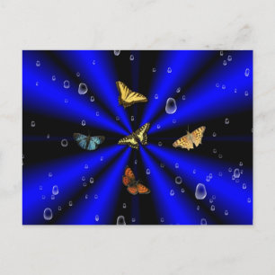 Postal Gotas de lluvia y mariposa en negro y azul