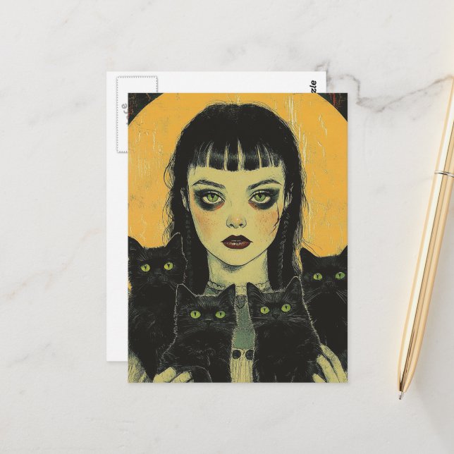 Postal Goth Girl With Four Black Cats (Anverso/Reverso In Situ)