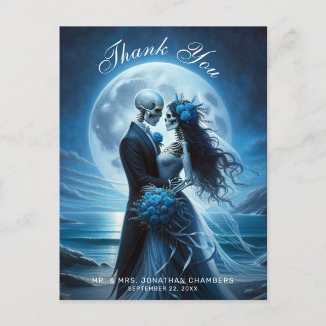 Postal Gothic Blue Esqueleto Pareja Boda Agradecimiento (Anverso)