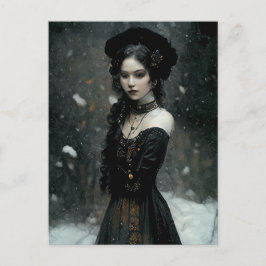 Postal Gothic Girl in winter. Snowing.
