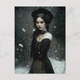 Postal Gothic Girl in winter. Snowing.