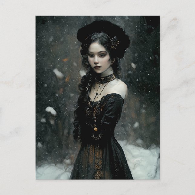 Postal Gothic Girl in winter. Snowing. (Anverso)