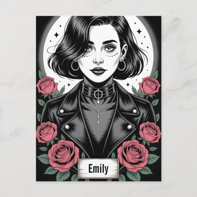 Postal Gothic Grunge Girl Illustration with Biker Jacket (Anverso)