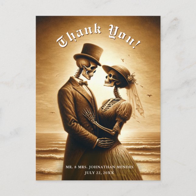 Postal Gothic Sepia Skeleton Couple Wedding Thank You (Anverso)