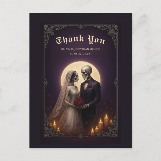 Postal Gothic Skeleton Couple Elegant Wedding Thank You (Anverso)