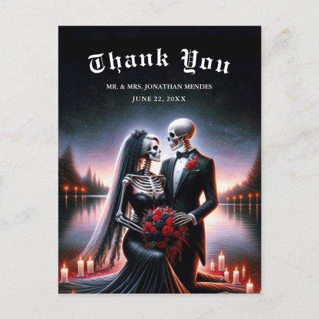 Postal Gothic Skeleton Couple Navy Wedding Thank You (Anverso)
