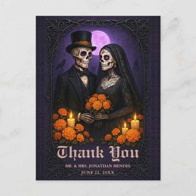 Postal Gothic Sugar Skull Couple Wedding Thank You (Anverso)