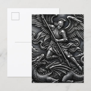 Postal Gótico Cristiano Arcángel San Miguel Metal Gris