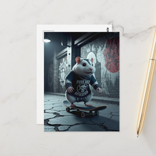 Postal Gótico de rock punk Skateboarding Hamster (Anverso/Reverso In Situ)
