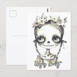 Postal Gótico de verano chica esqueleto y flores