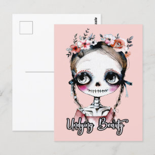 Postal Gótico de verano chica esqueleto y flores