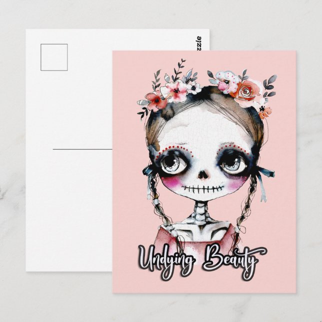 Postal Gótico de verano chica esqueleto y flores (Anverso / Reverso)