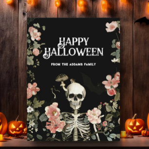 Postal Gótico esqueleto negro floral rosa feliz Halloween
