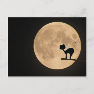 Postal Gótico gato negro de Halloween con luna llena