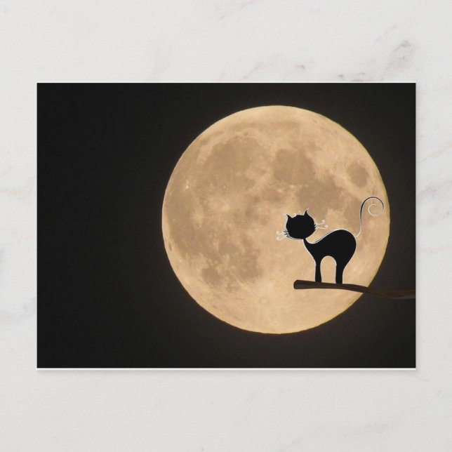 Postal Gótico gato negro de Halloween con luna llena (Anverso)