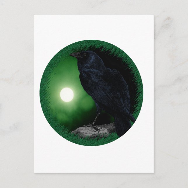 Postal Gótico Green Moon Black Raven Halloween Animal (Anverso)