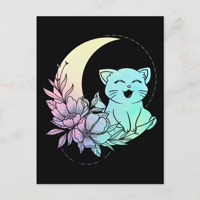 Postal Gótico Mystical Cat Crescent Moon Pastel Wicca (Anverso)