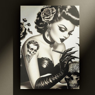 Postal Gótico retro tatuado Pin-up