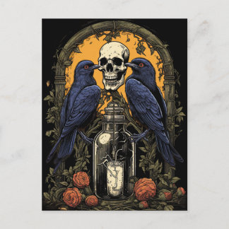 Postal Gótico Vintage Skeleton Skull Raven Poison Hallowe