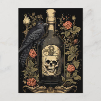 Postal Gótico Vintage Skeleton Skull Raven Poison Hallowe