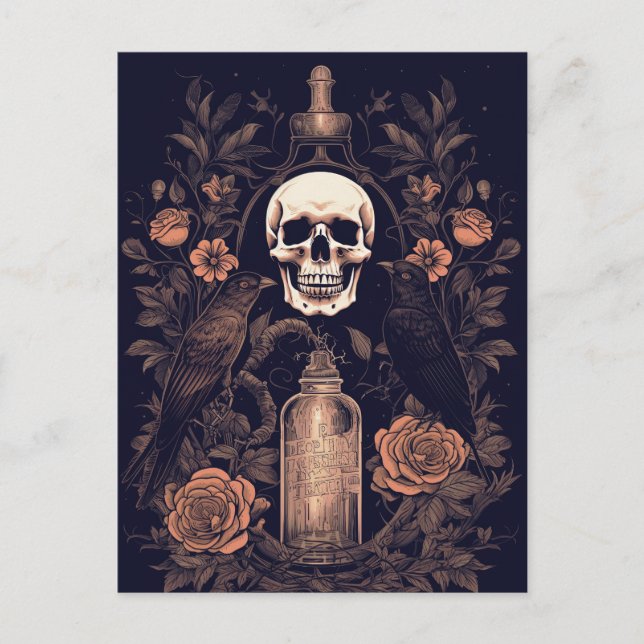 Postal Gótico Vintage Skeleton Skull Raven Poison Hallowe (Anverso)