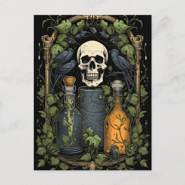 Postal Gótico Vintage Skeleton Skull Raven Poison Hallowe (Anverso)