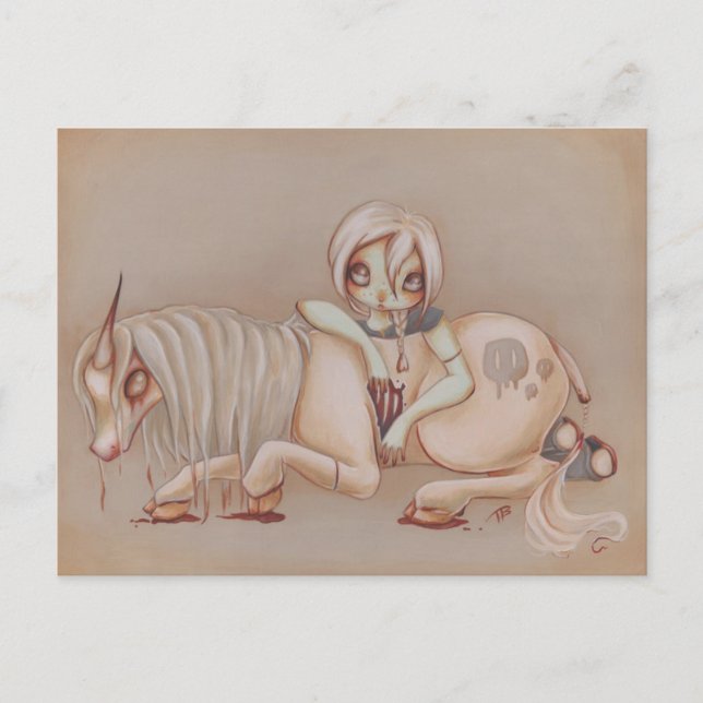Postal Gótico zombi unicornio chica fantasía arte gótico (Anverso)