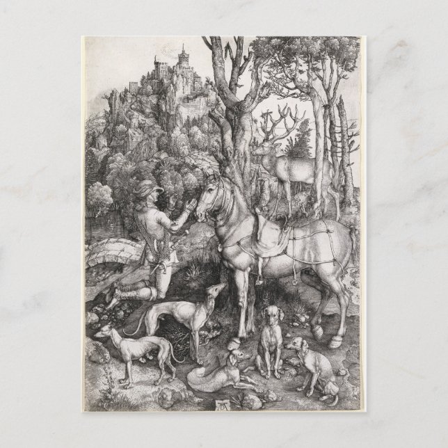 Postal Grabación de Saint Eustace por Albrecht Durer (Anverso)