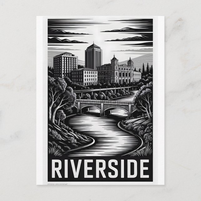 Postal Grabado en madera en blanco y negro de Riverside C (Anverso)