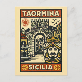 Postal Grabado en madera Rojo Amarillo Taormina Sicilia P
